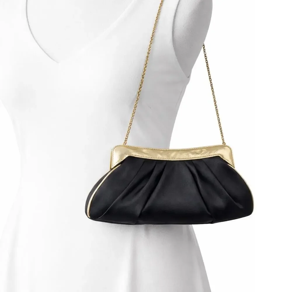 Franchi Black Pleated Clutch Gold Frame Evening Bag Chain Strap 10
